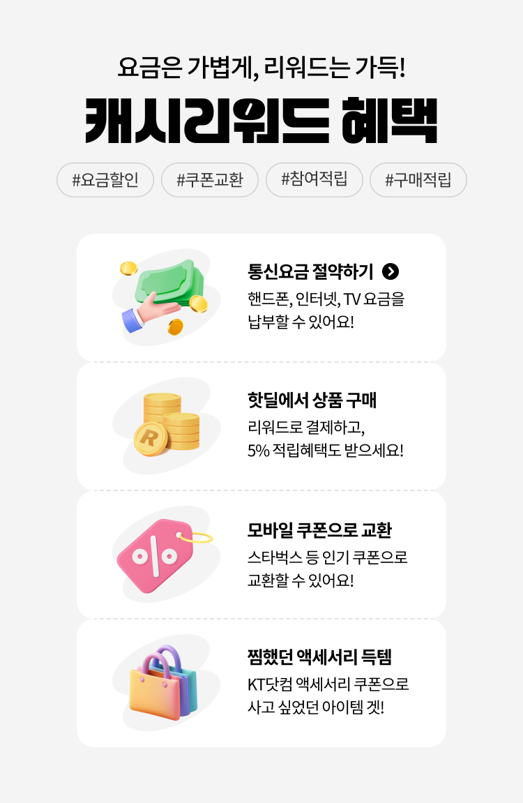 요금은 가볍게, 리워드는 가득! 캐시리워드 혜택. #요금할인, #쿠폰교환, #참여적립, #구매적립. 통신요금 절약하기:핸드폰,인터넷,TV 요금을 납부할 수 있어요! 핫딜에서 상품 구매:리워드로 결제하고, 5% 적립혜택도 받으세요! 모바일 쿠폰으로 교환:스타벅스 등 인기 쿠폰으로 교환할 수 있어요! 찜했던 액세서리 득템:KT닷컴 액세서리 쿠폰으로 사고 싶었던 아이템 겟!