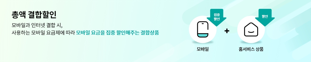 총액 결합할인 / 모바일과 인터넷 결합 시, 사용하는 모바일 요금제에 따라 모바일 요금을 집중 할인해주는 결합상품